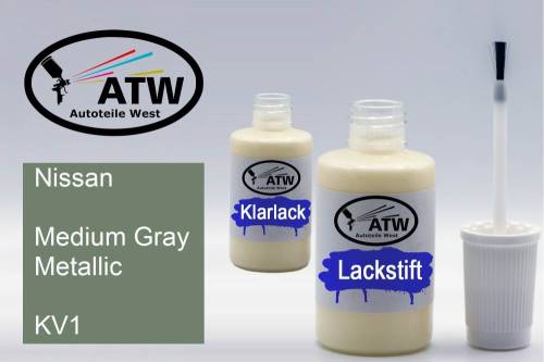 Nissan, Medium Gray Metallic, KV1: 20ml Lackstift + 20ml Klarlack - Set, von ATW Autoteile West.